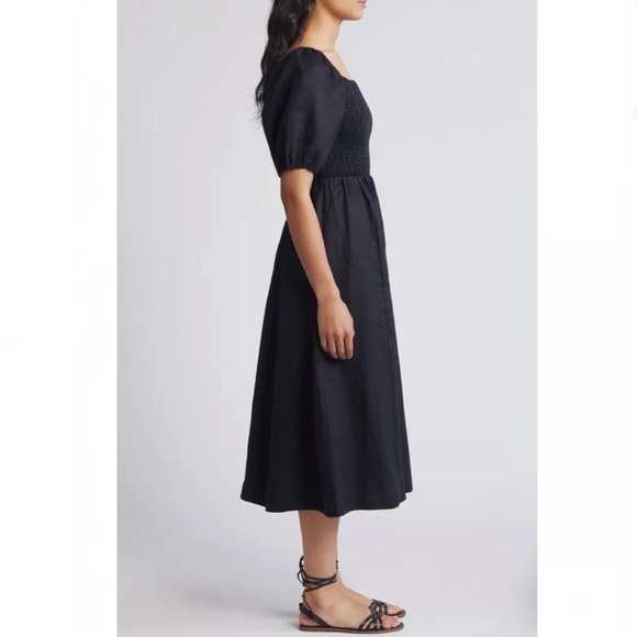 Boden Sky Smocked Short Sleeve Linen Midi Dress - Picture 9 of 16